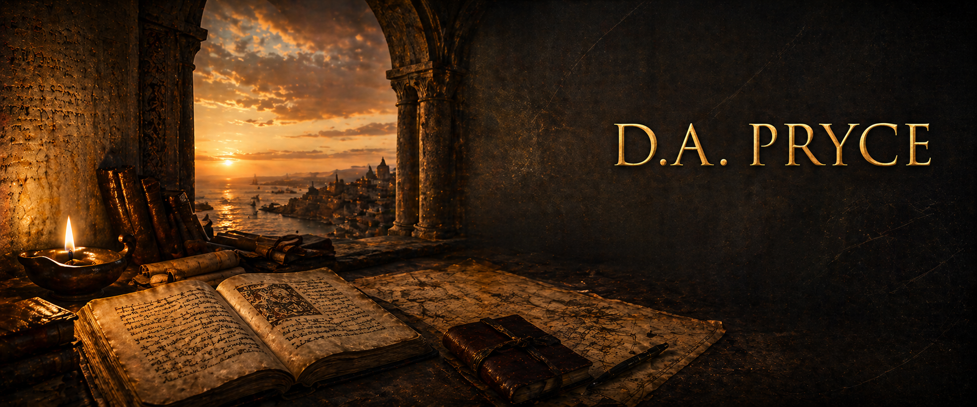 Atmospheric scene of an ancient stone chamber at dusk — a manuscript open on a table beside an oil lamp, scrolls and a leather journal nearby, with a Mediterranean coastal city visible through a carved archway at sunset. The author name D.A. PRYCE rendered in gold serif type on the right.