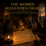 A robed woman of the Therapeutae reads a scroll by lamplight at dawn, an ancient lake city behind her near Alexandria.