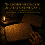 Two Bronze Age clay tablets inscribed with Linear A and Linear B script, lit by an oil lamp, one falling into shadow.