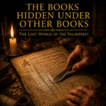 A candlelit medieval scriptorium where a scribe scrapes an old parchment clean, faint erased writing still showing beneath the new script.